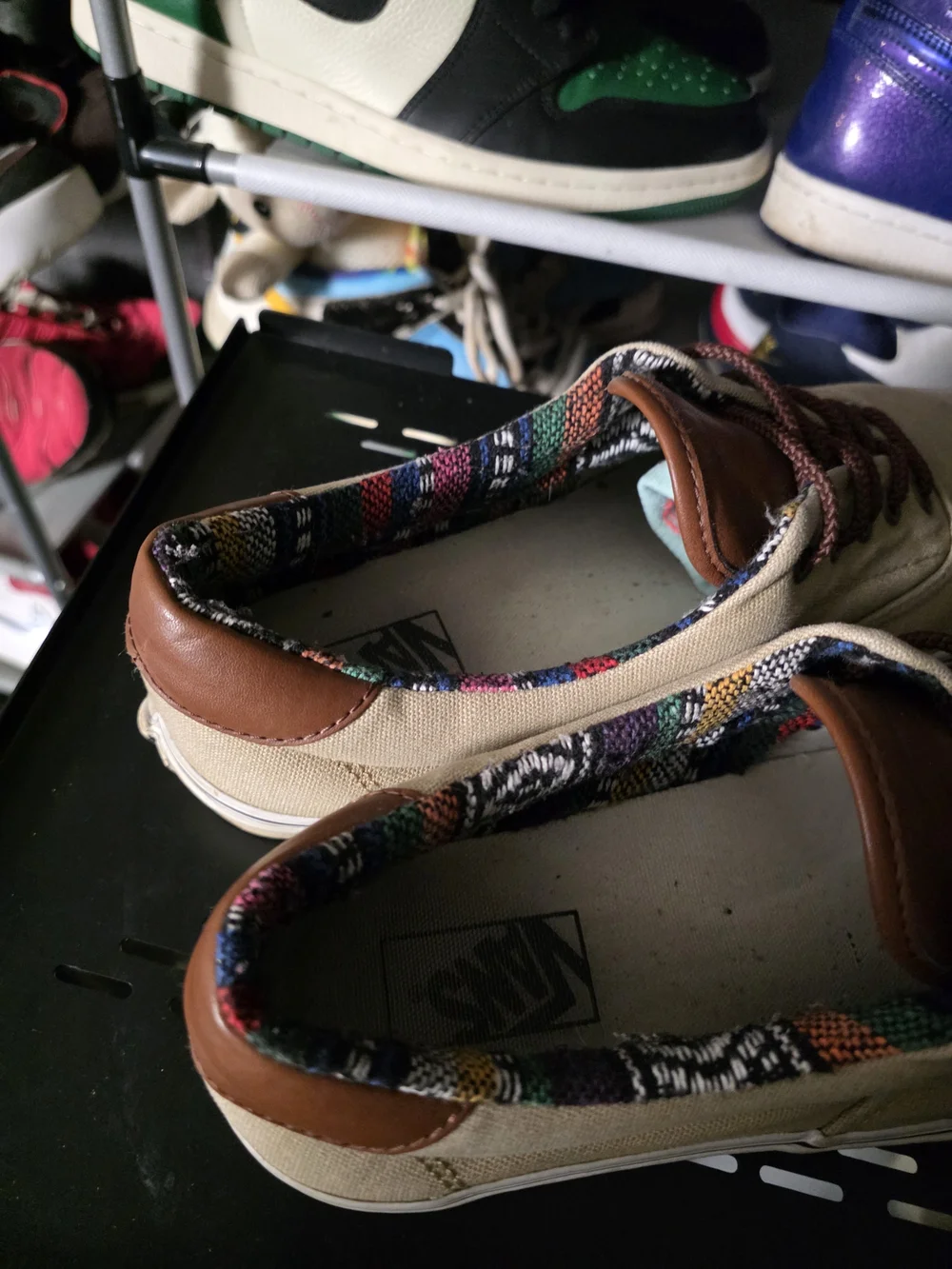 🔥 Vans Men Woven Beige Canvas Low-Top Slip-Ons with Brown Size 12  Accents